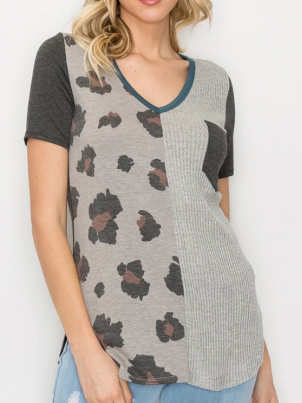 Gray Animal Color Block Top